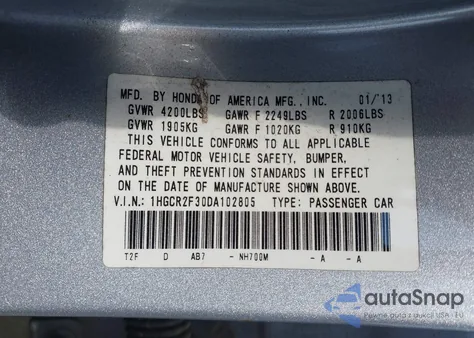 2013 Honda Accord Lx из США, поврежденный, VIN 1HGCR2F30DA102805